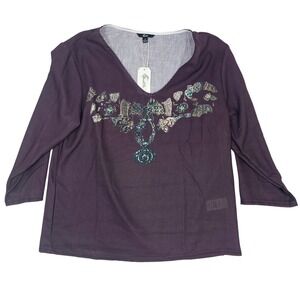ShallWe‎ Womens Purple Graphic V-Neck Top 3/4 Sleeve Jewel Print Size M NWT